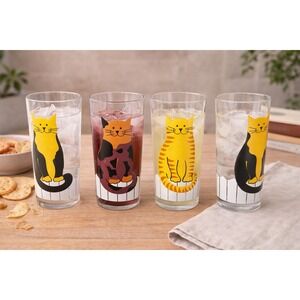 Vtg 80s Thermo-Serv Smiling Kitty Cat Plastic Tumblers 20 oz Set of 4 Made USA